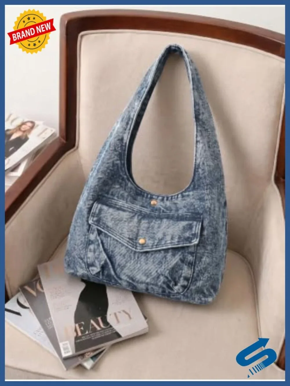 Denim Hobo Tote Bag Large Capacity Reversible Wide Strap